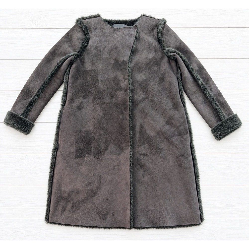 HM Faux Suede Shearling Coat Dark Gray Long Winter Jacket Minimalist Size 8